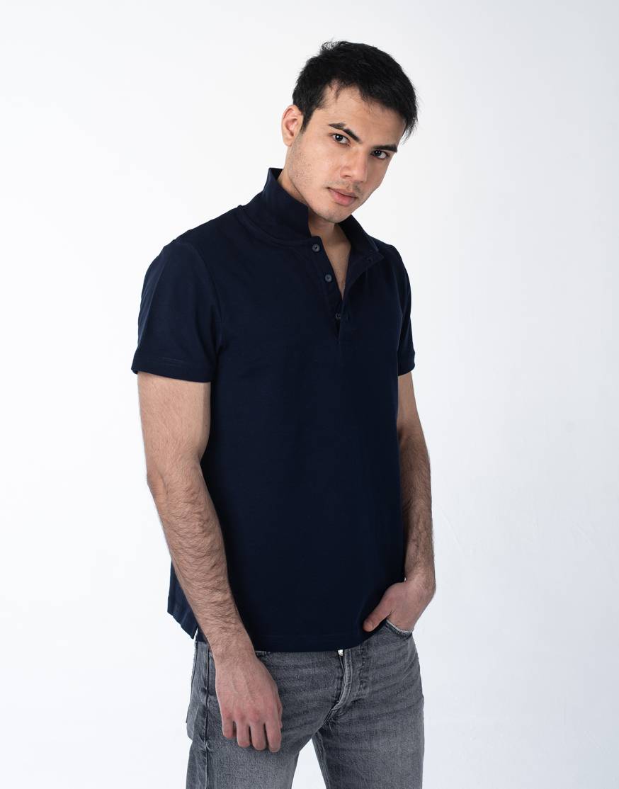 Мужская рубашка ПОЛО с эластаном тёмно-синяя оптом